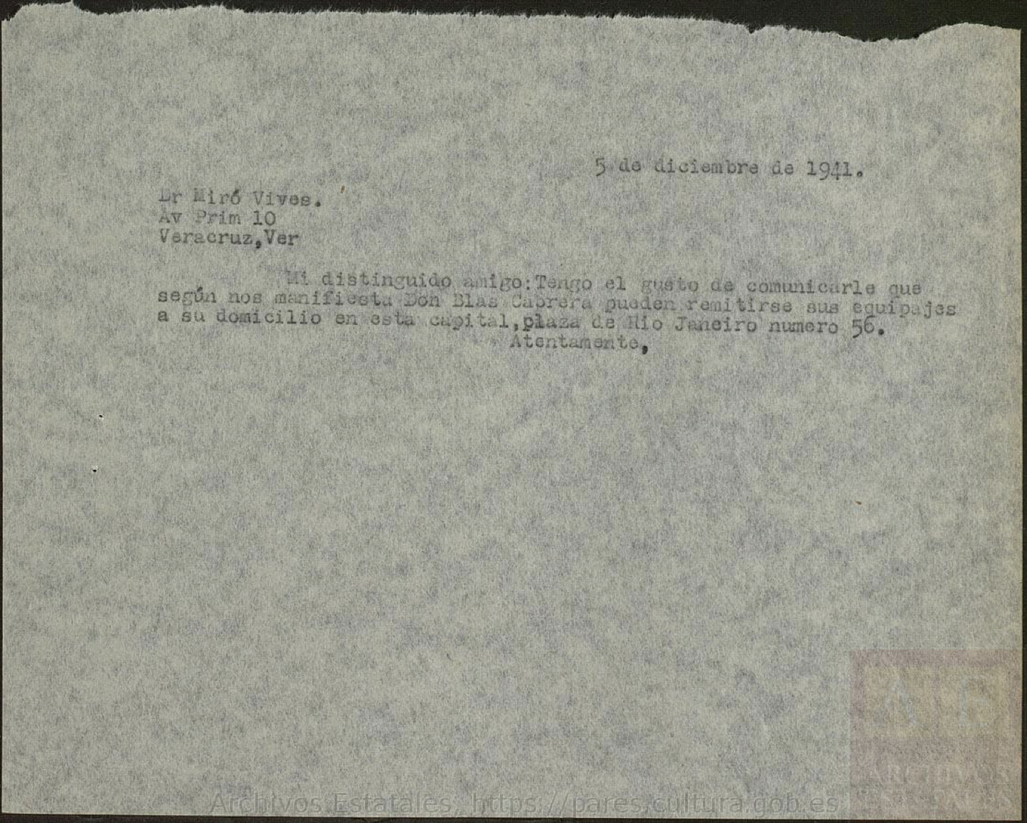 Expediente del refugiado en México Blas Cabrera Sánchez. Archivo General de la Administración, AGA,12,02722,018.